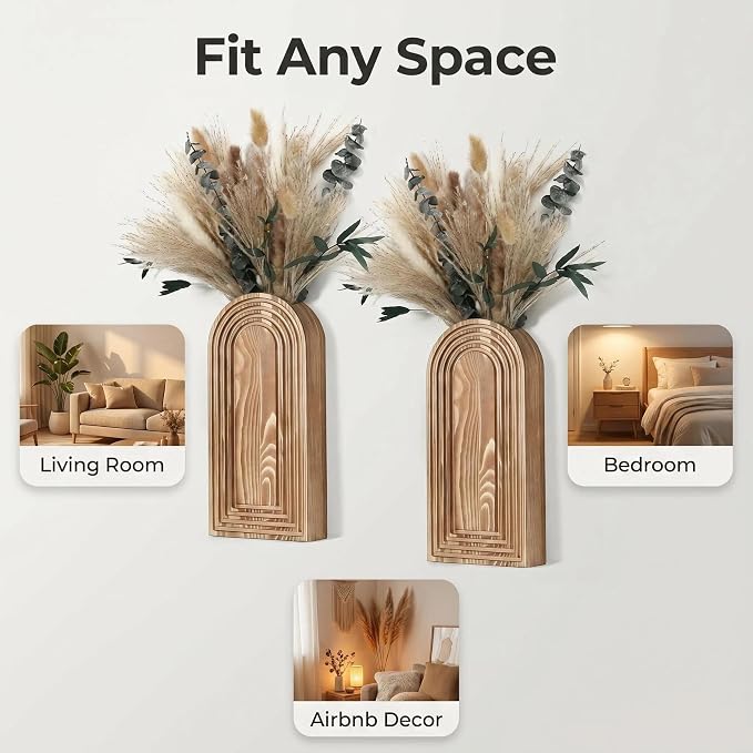 Set of 2 Wooden Wall Vases with Dried Pampas Grass & Eucalyptus, Boho Farmhouse Decor for Living Room, Entryway, Bathroom, Rustic Home Art(Brown)