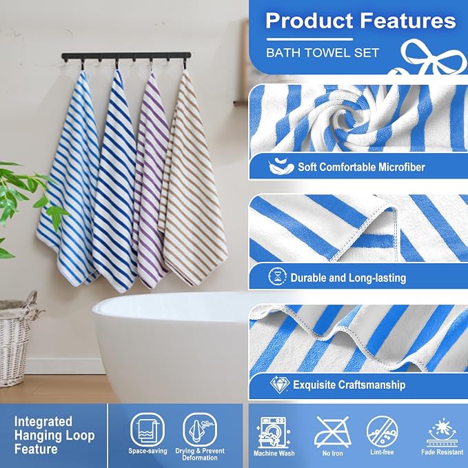 JML Microfiber Towels, Bath Towel Sets (4 Pack, 27" x 55") - Extra Absorbent, Fast Drying, Multipurpose for Bath, Swimming, Fitness, Sports, Yoga,Stripe Blue