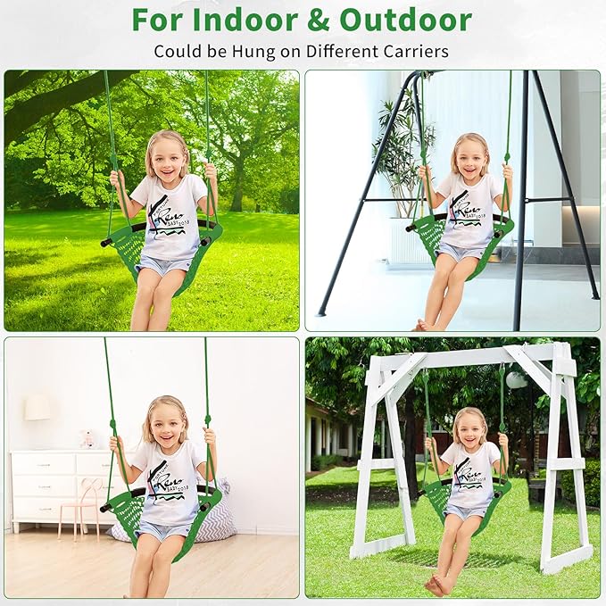 Hi-Na Tree Swing for Kids, Adjustable Toddler Rope Swing Seat with Snap Hooks and Straps, 440 lbs Capacity, Swingset Accessories for Indoor Porch Doorway Outdoor Playground Backyard (Green)