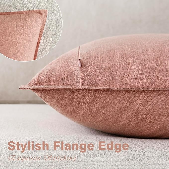 Foindtower Pack of 2, Decorative Linen Solid Throw Pillow Covers Soft Accent Euro Cushion Case Boho Farmhouse Pillowcase for Chair Couch Sofa Bedroom Living Room Home Decor 24 x 24 Inch Coral Pink