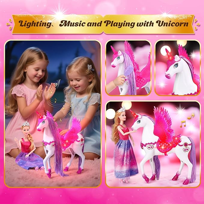 Magic Light Unicorn & Princess Doll, Unicorn Toys for Girls 3-6, Christmas Birthday Gifts for Kids Girls Aged 3 4 5 6 7 8