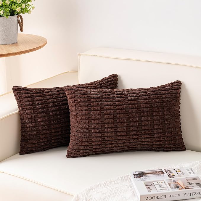Pack of 2 Corduroy Decorative Throw Pillow Covers 12x20 Inch, Dark Brown | Fall Soft Striped Pillow Covers Modern Farmhouse Home Decor Christmas Throw Pillow Covers for Sofa Living Room Couch Bed