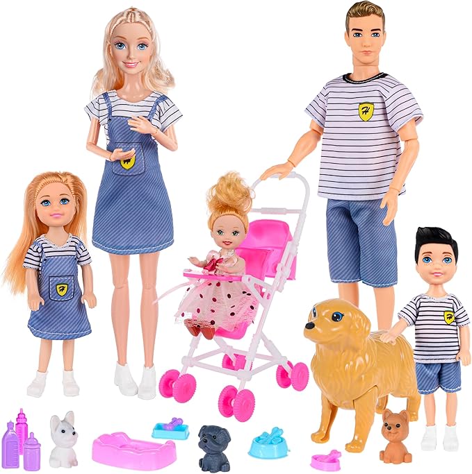 dollbie Dolls Family Playset with Baby Stroller Set- 6 People, Pets & Accessories for 3-12 Years Old | Toddler Gift with Pregnant Mom, Dad, 3 Kids, Dogs, and Interactive Play
