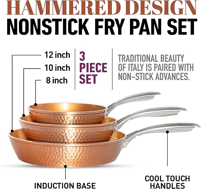 Gotham Steel Hammered Frying Pan Set, 3 Piece Nonstick Copper Fry Pans, 8”, 10” & 12” Skillet, Omelet Pan, Cookware, PFOA Free, Dishwasher Safe, Cool Touch Handle | 8, 10, 12" Fry Pans, Non Toxic PFOA/PFOS/PTFE Free, Induction Compatible, Oven and Dish...