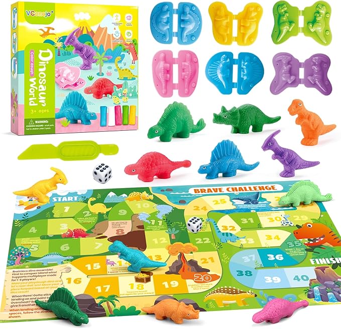 Dinosaur Dough Sets for Kids Ages 2-4, Family Board Games for 2-6 Players, 6 Dino 3D Modeling Tools, 5 Dough, Adventure Map & Dice, Dough Accessories Gift for 3 4 5 6 Year Old Boys Girls