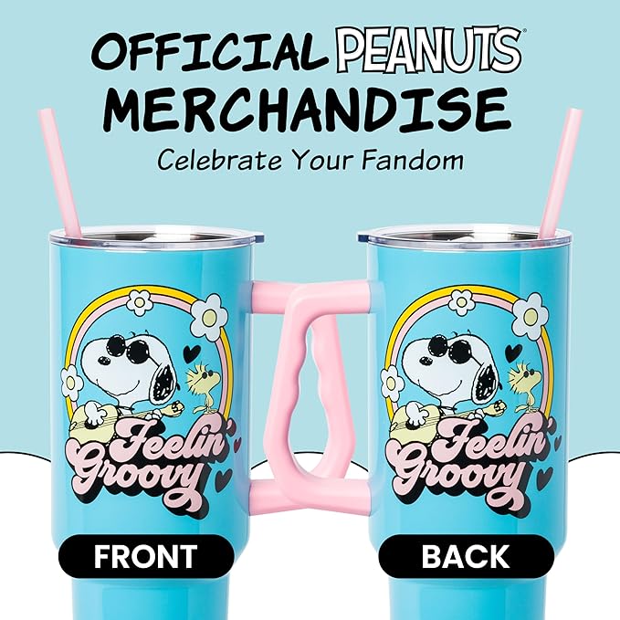 Silver Buffalo Peanuts Featuring Snoopy and Woodstock Feelin' Groovy Double Walled Stainless Steel Tumbler with Handle and Straw, Fits in Standard Cup Holder, 40 Ounces