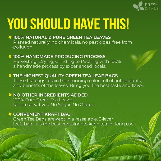 FreshDrinkUS, Premium 175 Green Tea Bags, 100% Natural & Pure from Green Tea Leaves. Loose Leaf Green Tea Herbal Tea. Made with Natural Material Tea Bags. No Sugar, No Gluten, Vegan.