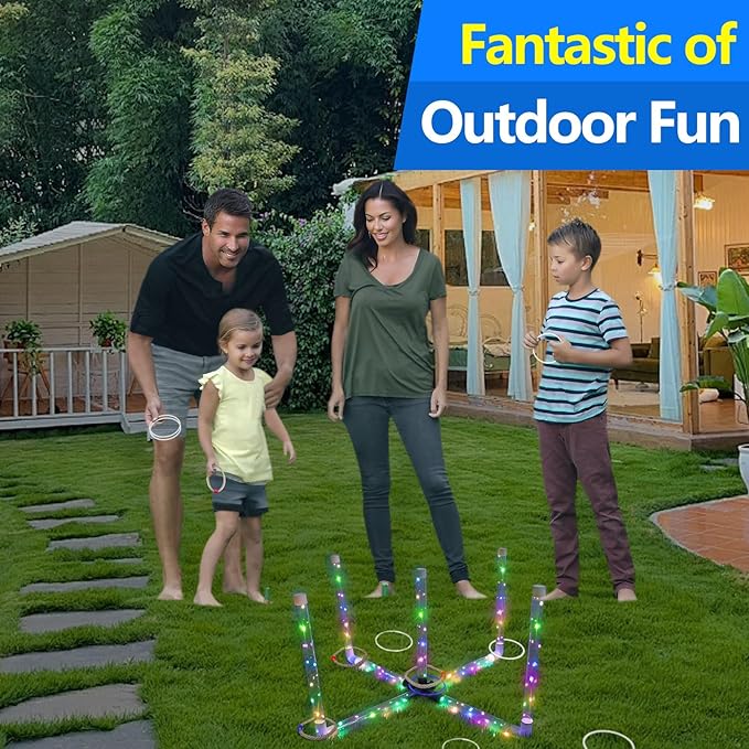 Ring Toss Outdoor Games with 16 Rings, Backyard Games Lawn Games for Adults & Kids, Backyard Camping Activities, Outdoor Games for Kids, LED Ring Toss