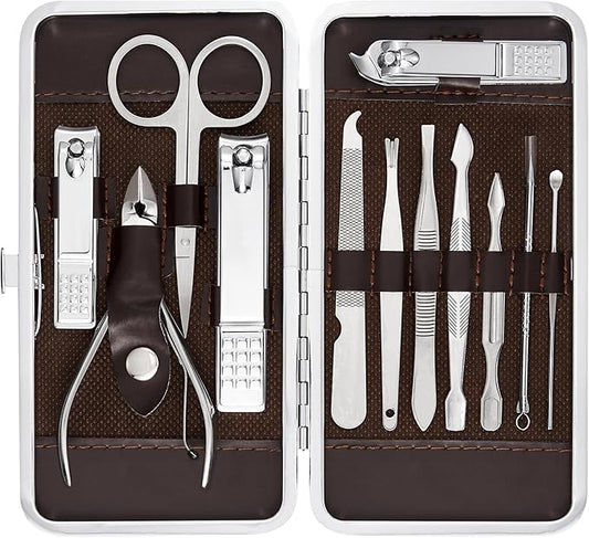 Professional Manicure and Pedicure Kit, 12-Piece Premium Grooming Set with Nail Clippers, Facial Care Tools, and Luxurious Travel Case for Men and Women