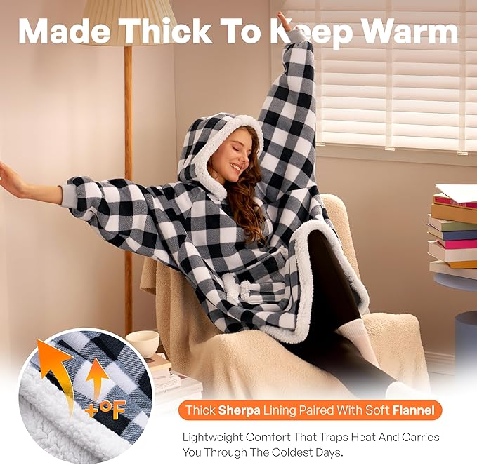 Giggling Getup Wearable Blanket Hoodie for Adults Gifts for Teen Girls Sister Women Sherpa Fleece Printed Hooded Blanket Sweatshirt Warm Cozy with Pocket & Sleeves Black Plaid