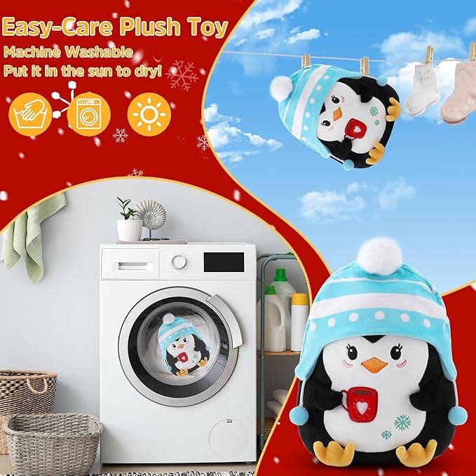 Christmas Penguin Plush Toy: 8-Inch Cute Penguin Stuffed Animal with Striped Knit Hat Soft Christmas Plushie Pillows Winter Holiday Decor Gifts for Kids and Adults