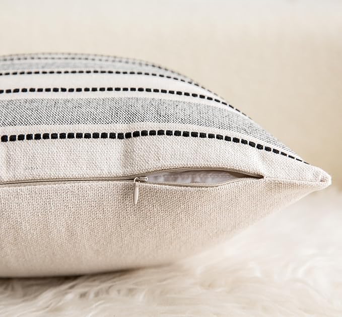 Cethom Decorative Boho Lumbar Throw Pillow Covers, Farmhouse Textured Pillow Case, 12 x 20 Inch Set of 2, Chair Sofa Bedroom Living Room Home Decor Couch Cushion Case, Black and Beige
