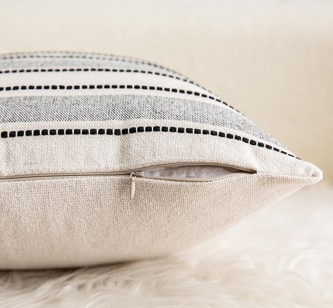 Cethom Decorative Boho Throw Pillow Covers, Farmhouse Textured Pillow Case, 18 x 18 Inch Set of 2, Chair Sofa Bedroom Living Room Home Decor Couch Cushion Case, Black and Beige Striped