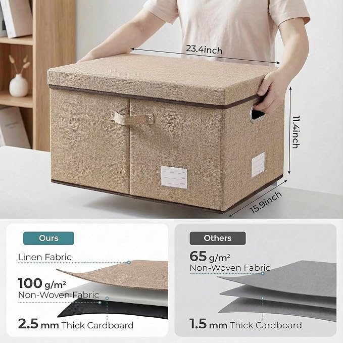 Storage Bins with Lids [3-Pack] Jute Fabric Foldable Storage Boxes Organizer Containers Baskets Cube with Cover for Home Bedroom Closet Office Nursery khaki（23.4X15.9X11.5