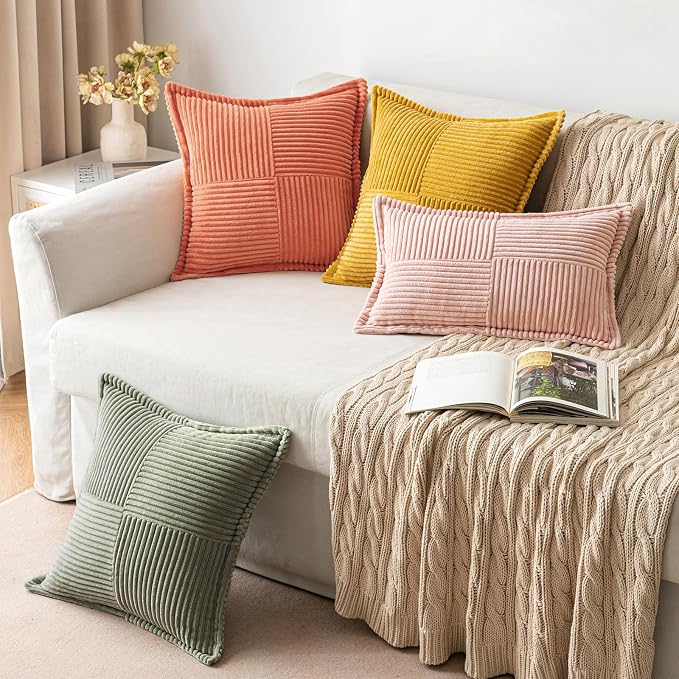 MIULEE Decorative Euro Sham Throw Pillow Covers 24x24 Light Olive Green | 2 Pack, Boho Broadside Striped Patchwork Pillow Covers, Soft Corduroy Cushion Cases, For Bed Couch Sofa Livingroom Home Decor