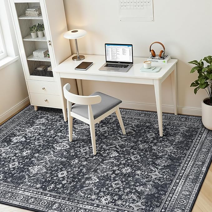 5x7 Area Rugs for Living Room Bedroom, Black Washable Non-Slip Carpet | Soft Area Rug for Dining Room Home Office Indoor Nursery, Stain Resistant, Low Pile, Vintage Boho Distressed Rug
