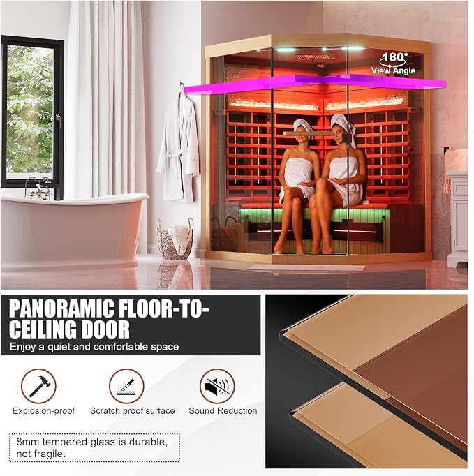MEISSALIVVE Full Spectrum Infrared Sauna，4 Person Home Sauna，Wooden Canadian Hemlock Luxury Indoor Spa Sauna with Resonance Speaker, Panoramic Tempered Glass Door