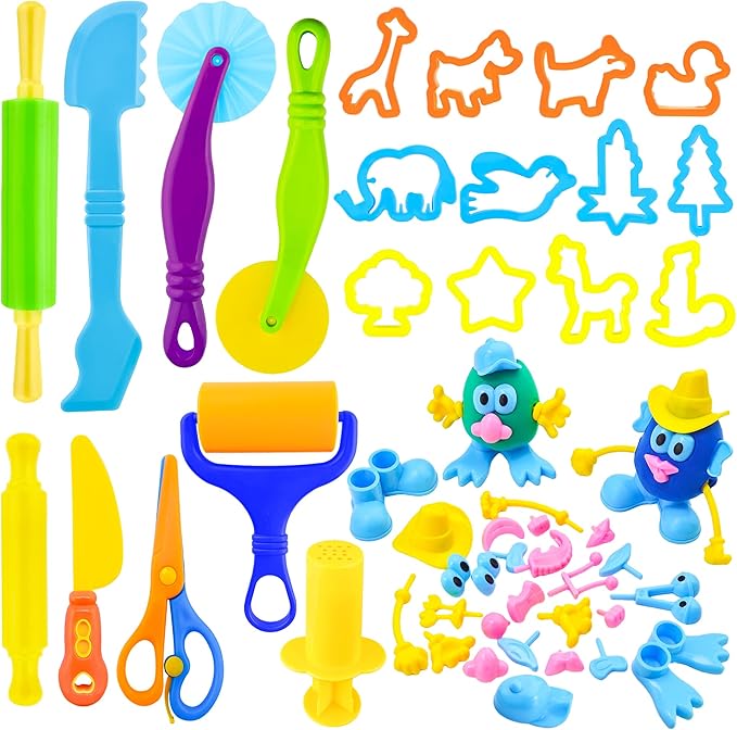 iShyan Dough Tools for Kids,47-Piece Kids Clay and Dough Tool Kit– Includes Roller, Rolling Pins, Cutting Tools, Safe Scissors, Plastic Knife & Dough Character Accessories