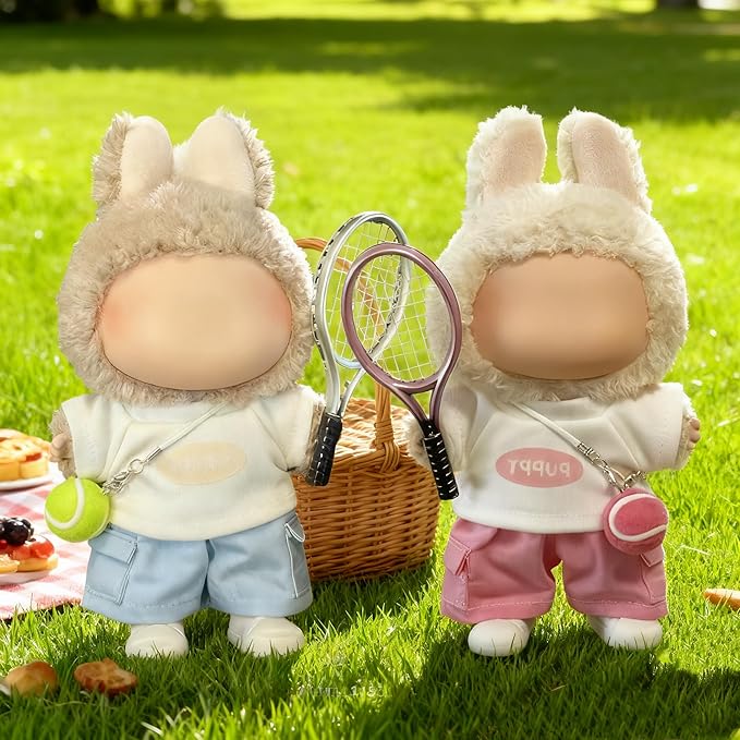 (2 Pack) 17cm Doll Clothes Pink Tennis Set + Blue Tennis Set (2 T-Shirt + 2 Pants + 2 Tennis Ball + 2 Racket + 2 Sneakers)