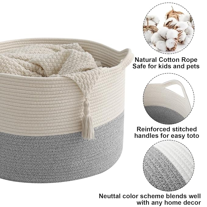 65L Large Blanket Basket,Woven Rope Laundry Basket-White&Grey | Collapsible, reinforced handles, nursery storage bin organizes clothes, toys and pillows for living room, bedroom bathroom