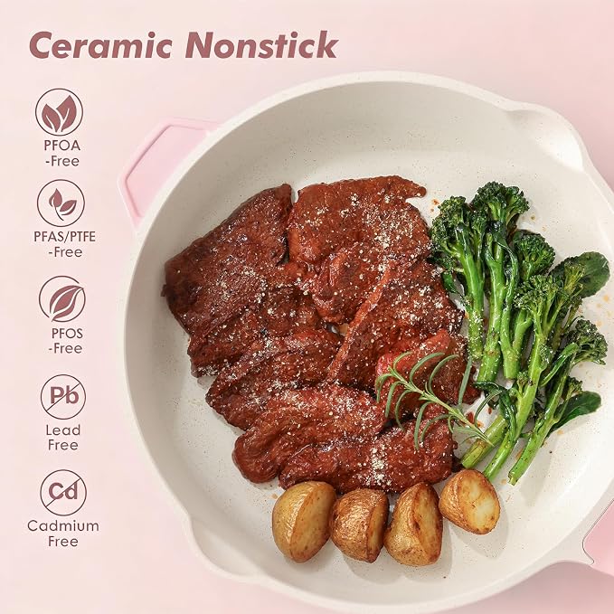 SENSARTE Nonstick Ceramic Skillet with Lid 11-inch, 4.5QT Non Toxic Deep Frying Pan, Saute Pan with Lid, Stay-cool Handle, Healthy Cooking Pot, Induction Compatible, Pink