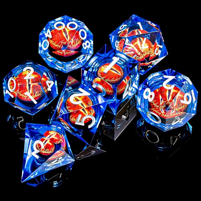 ARUOHHA DND Resin Dice Gazes Eye Dice Silver Blue Liquid Core Flaming RPG Sharp Edged Dice Set with Gift Box, Polyhedral D and D Dice Set Compatible with Dungeons Dragons Role Playing Game D20 D6