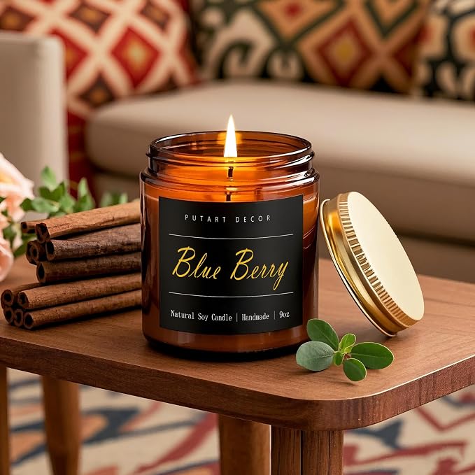 Blue Berry Candles for Home Scented, Natural Soy Aromatherapy Non Toxic Candles with Long Lasting Fragrance & Clean Burn, Luxury Jar Candle Gift for Women, Men, Home Decoration 9oz
