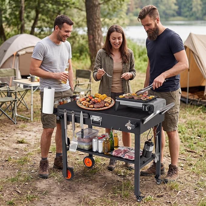 Happygrill 32”W x 18”D Folding Grill Cart for 17” & 22” Griddles | Outdoor Portable BBQ Prep Table w/Heat-Resistant Mat, Lockable Wheels, Magnetic Knife Holder, Pizza Oven Stand for Camping