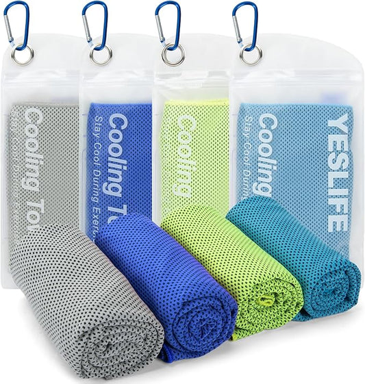 YESLIFE 4 Pack Cooling Towels (40"x12"), Gym Sweat Towels, Cooling Neck Wraps, Soft Breathable Microfiber Towels for Yoga, Running, Sport, Workout, Camping & More (Multicolor)