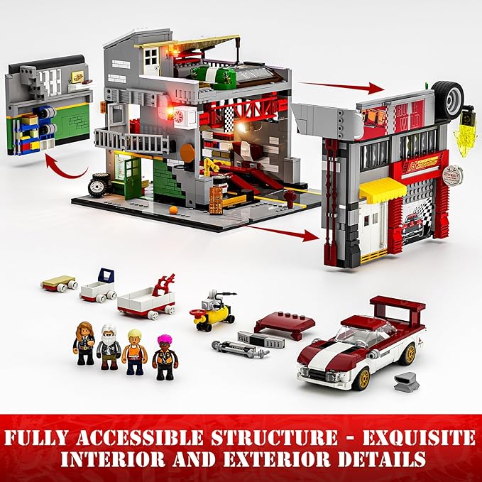 Street MOD Garage Lighting Building Bricks Set - Street Fusion City Car Modification Shop Modular Building Collection Kit 1935 Pcs for Adults & Teen & Car Lovers