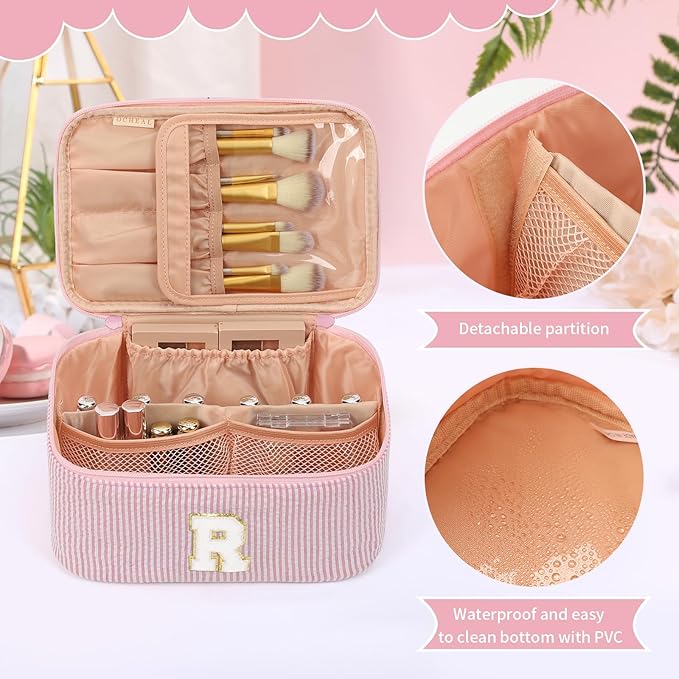 OCHEAL Makeup Bag Valentines Day Gifts for Women, Monogram Cosmetic Bag Pink Travel Makeup Case Beauty Toiletry Bag Organizer Personalized Gifts for Girls Bridesmaid, Sister, Wife, Friends Initial R