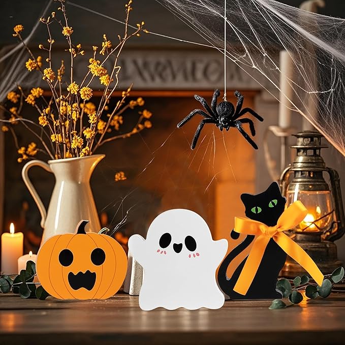 Cute Halloween Ghost Decor-Cute Halloween Tiered Tray Decorations Indoor, Ghost Wooden Decor Black Cat Pumpkin Blocks Signs (Set of 3) for Home Shelf Mantel Tabletop Windowsill Party