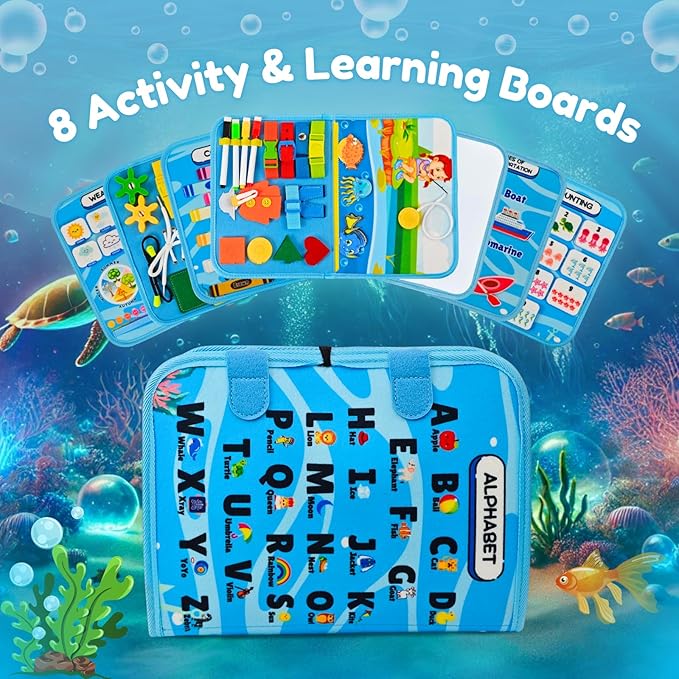 Ocean Busy Book for Toddlers 1-3 | Montessori Activity Book with Various Activities For Girls & Boys | Educational Learning Sensory Board For Toddlers 1-3 | Portable busy board Travel Toy for Car