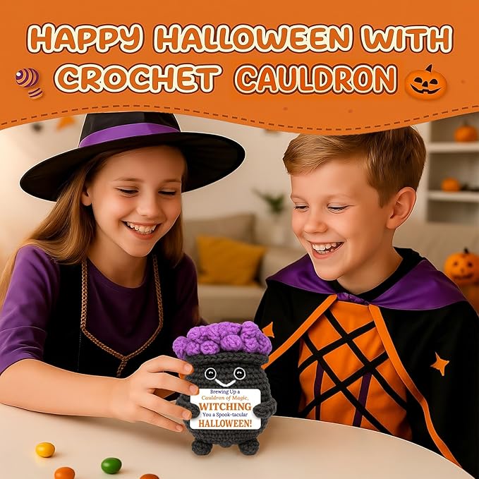 MAMAGIFTREE Crochet Cauldron Plush - Spooky Cute Halloween Decorations for Witchy Desk Decor, Mini Amigurumi Figurine for Tiered Tray, Kawaii Witchy Gift
