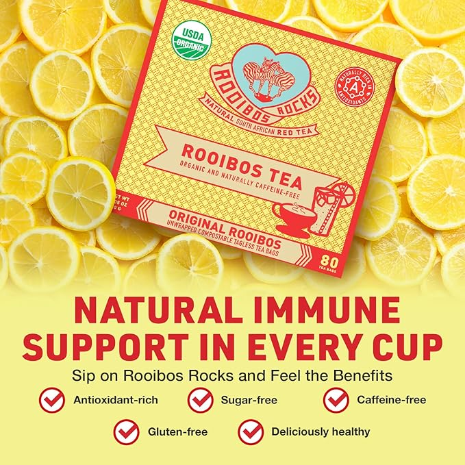 Caffeine Free Organic Rooibos Tea Bags 80 - Naturally Sweet Herbal Tea Safe for Kids & Pregnant Women – Low Tannin Premium South African Tea Red Tea - Sustainably & Ethically Farmed Red Rooibos Tea
