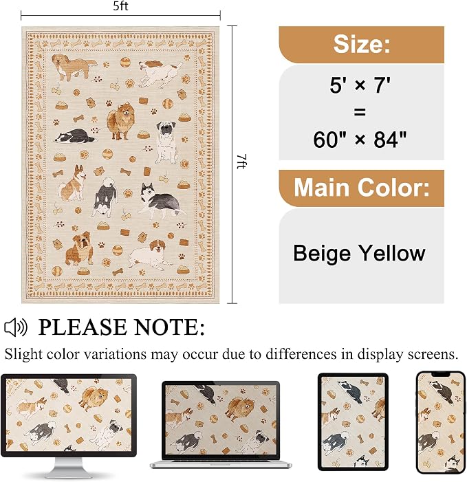 DUKINO 5x7 Area Rugs, Washable Dog Rug for Kids Room Non Slip, Beige Yellow | Low Pile, Stain Resistant, Soft Animal Carpet for Living Room Bedroom Dining Room Farmhouse, Kid & Pet Friendly, Non Shedding