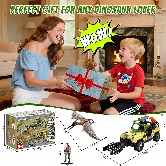 EKU Dinosaur Truck with 10 Sounds, Capture Net, Clamp, Launcher, Wing Flapping Quetzalcoatlus Figure, Human, Push and Go Adventure Vehicle for Jurassic World Toys Pretend Play Gifts for Kids 3+