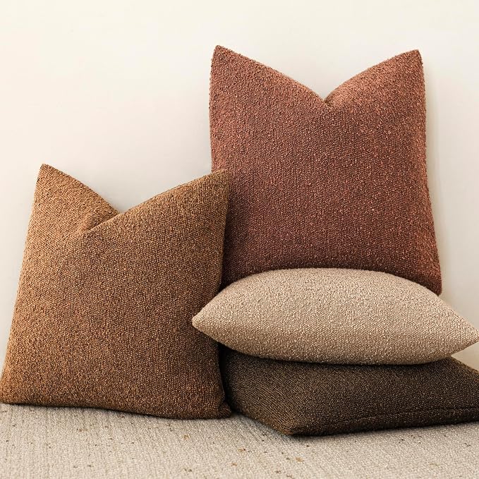 Foindtower Set of 2, Decorative Textured Boucle Throw Pillow Covers Accent Solid Pillow Cases Neutral Soft Cozy Couch Cushion Case for Chair Sofa Bedroom Living Room Home Decor 24x24 Inch Hazel Brown