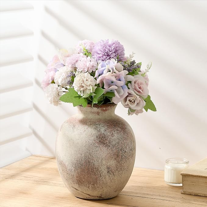 SIDUCAL Ceramic Decorative Flower Vase | 7.48 Inch Pottery Rustic Farmhouse Boho Vase for Home Decor, Table, Living Room, Bathroom, Coffee Desk, Shelf, Mantel Decoration, Wedding, Terra