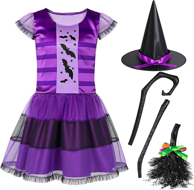 Witches Costume for Girls 3-8 6-12, Halloween Witches Dresses with Broom, Hat for Role Playing, Fairytale Halloween Party Birthday Gifts for Kids Toddlers Girls Age 3-5 5-8 8-12(XS)