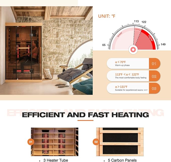 Infrared Sauna, 1-2 Person Home Sauna with 10 Minutes Warm-up Heater Tubes&Panels, Personal Sauna Spa Room for with 2-in-1 Door Handle, Canadian Hemlock and Panoramic Tempered Glass,120V