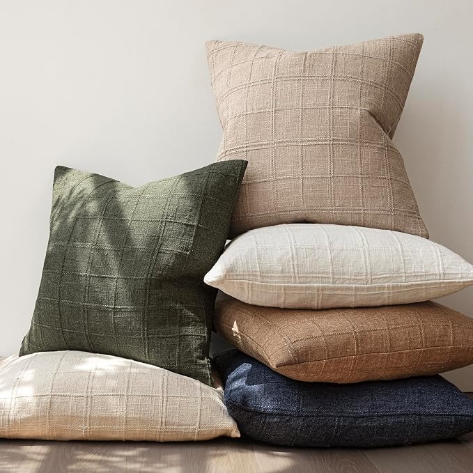 Foindtower Set of 2 Decorative Linen Check Throw Pillow Covers Neutral Farmhouse Vintage Cushion Covers Modern Coastal Boho Home Decor for Sofa Chair Couch Bedroom Living Room,24×24 Inch,Camel