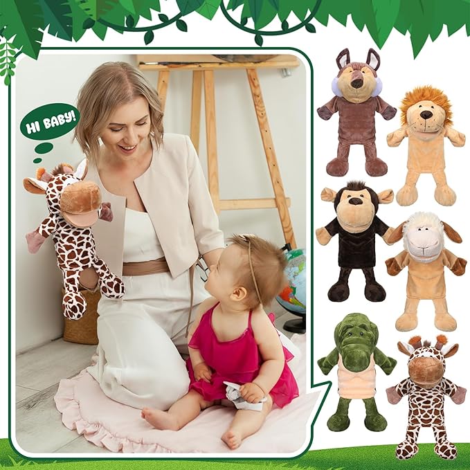 Wettarn 10 Pcs Animal Hand Puppets 12 Inch Soft Plush Plush Puppets Lion Orangutan Giraffe Tiger Pig Elephant Hand Puppets for Boys and Girls Storytelling, Teaching, Role Playing(Funny Style)