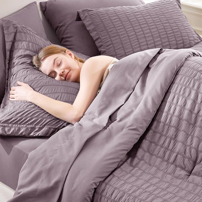 CozyLux Full Size Comforter Sets with Sheets 7 Pieces, Dusty Purple Seersucker Bed in a Bag Textured Luxury Soft Grayish Purple Bedding Set with Down Alternative Comforter, Sheets, Pillowcases & Shams