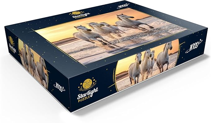 MyPuzzle White Camargue Horses Galloping On A Beach in France - Premium 1000 Piece Jigsaw Puzzle for Adults