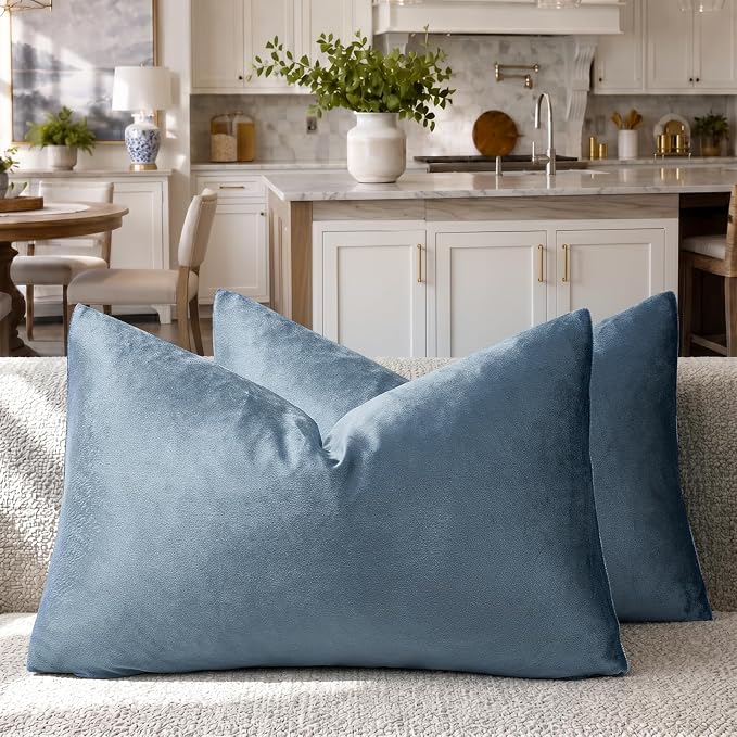 GIGIZAZA Stone Blue Velvet Throw Pillow Covers 12x20 Pack of 2 | Decorative Lumbar Pillows for Couch Sofa,280gsm Soft Textured Fabric,Modern Pillowcases,Luxury Cushion Covers