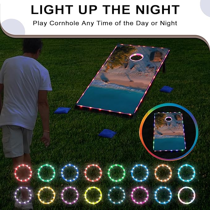 LED Cornhole Set, 3 x 2ft / 4 x2 ft Cornhole Board Game Set, Corn Hole Outdoor Game, Multi-Design with Light-Up Border, 8 Bean Bags, Carrying Case for Backyard, Beach, Lawn