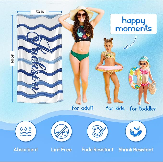 JML Custom Beach Towel with Name, Personalized Microfiber Beach Towel with Name, Large, Soft, Quick Dry & Absorbent for Swim, Pool,Adult,Summer Holiday,Vacation,Travel,Gift for Anniversary, Birthday