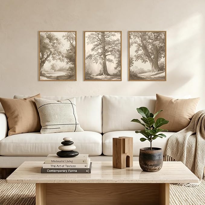 Vintage Tree Canvas Wall Art Framed Rustic Tree Landscape Sketch Antique Painting Neutral Forest Wall Decor 16x12 Inch Farmhouse Botanical Set of 3 for Living Room Bedroom