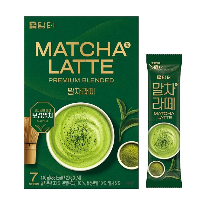 Damtuh Matcha Latte 20g x 7 Sticks – Ceremonial Grade Creamy Korean Matcha Latte Powder Mix, Instant Green Tea Drink for Smooth Café-Style Sweetened without sugar